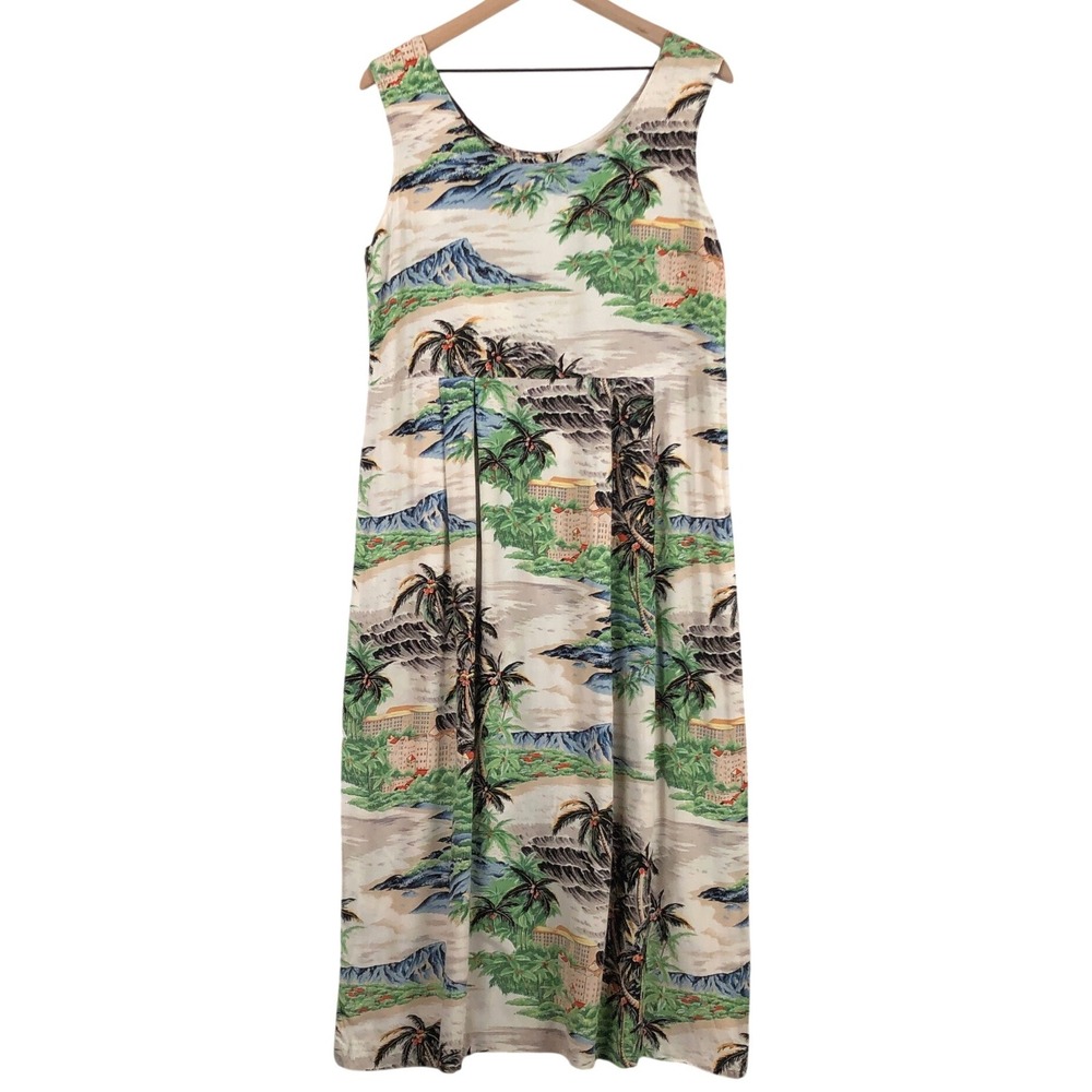 VTG Reyn Spooner Hawaiian Traditions Sleeveless Maxi Dress Sz L Tropical Scenic